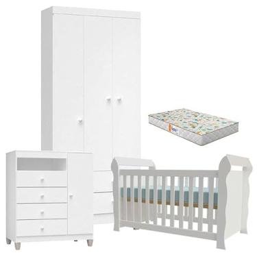 Imagem de Quarto de Bebê 3 Portas Ternura Baby com Berço Lara Branco Brilho com Colchão Gazin - Incorplac