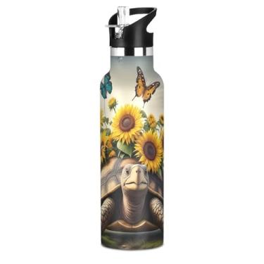 Imagem de Garrafa de água isolada de 590 ml com tampa e alça de palha, garrafa de água esportiva à prova de vazamento, copos infantis de aço inoxidável a vácuo de parede dupla, flor de tartaruga vibrante