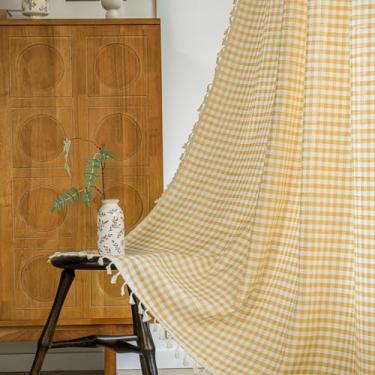 Imagem de ENJOYBRIDAL Cortinas xadrez amarelas de 203 cm para quarto, guingão, semitransparentes, bolso para varão, sala de estar, sala de jantar, borla, janelas, conjuntos de 2 painéis, boho, fofos
