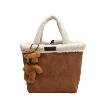 Imagem de CORIOS Bolsa feminina de camurça macia de lã de cordeiro bolsa de ombro com alça superior com pingente de urso fofo bolsa de grande capacidade, Marrom, L