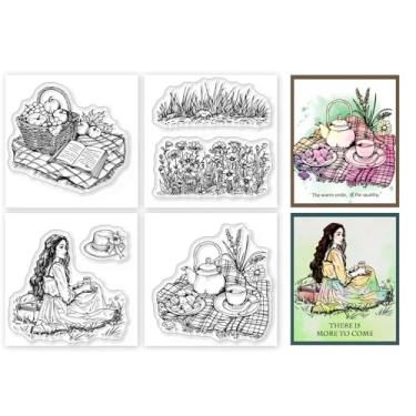 Imagem de 4 peças de carimbos transparentes de plástico PVC com 4 estilos, estampa humana e alimentar, carimbo de silicone transparente de silicone para álbum de fotos faça você mesmo, para fazer cartões