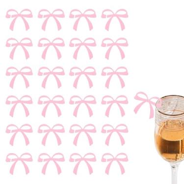 Imagem de 25 peças de marcadores de bebida, laço de coquete, pingentes de taça de vinho, laço, etiquetas de bebida, decoração de despedida de solteira, acessório de aniversário de casamento (rosa)
