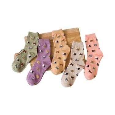 Imagem de Meias Femininas De Cano Médio Com Estampa De Gato Fofo, 5 Pares, Confo