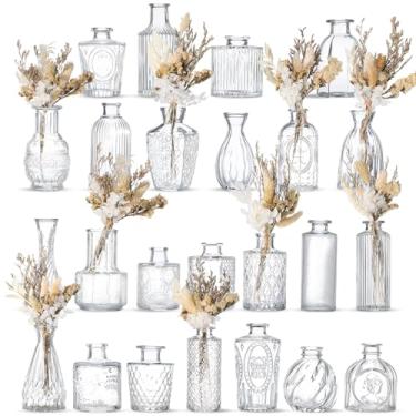 Imagem de Yerliker Conjunto de 24 vasos de vidro com buquê de flores secas de 24 peças, vaso de vidro pequeno, vasos de botão transparente a granel e buquê de flores secas Boho para centros de mesa, decoração