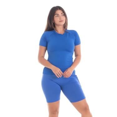 Imagem de Conjunto Feminino Camiseta Curta e Bermuda Térmica Segunda Pele Trygg Proteção UV50 Fitness Academia (M, Azul -Azul)