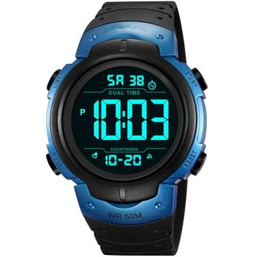Imagem de PASOY Relógio digital masculino feminino grande luz LED natação impermeável pulseira de borracha alarme preto LED relógios 50 mm, Preto, azul, Esportivo