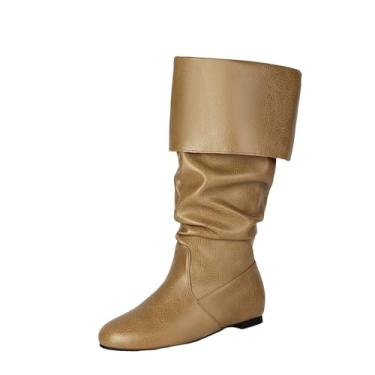 Imagem de Botas femininas rasteiras cano médio com punho plissado estilo ocidental outono inverno casual botas modernas salto 1,5 cm, Caqui, 34