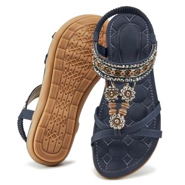 Imagem de Sandálias femininas elegantes de verão: sapatos rasos confortáveis boêmios com tira elástica no tornozelo sandálias de caminhada na praia para mulheres, Azul-escuro, 40