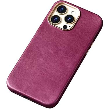 Imagem de BKUANE Capa traseira de telefone de couro de vaca de cera de óleo, para Apple iPhone 14 Plus 2022 capa retrô resistente a arranhões [carregamento sem fio] (cor: roxo)