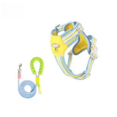 Imagem de Peitoral para Cães com Guia 1,85m Refletivo Ajustável Conforto Segurança Médio Pequeno Porte(Amarela com borda azul,M（3-5kg）)