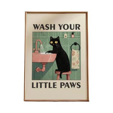 Imagem de Arte De Parede Em Lona Kawaii Com Gato Lavando as Patas Para Banheiro,