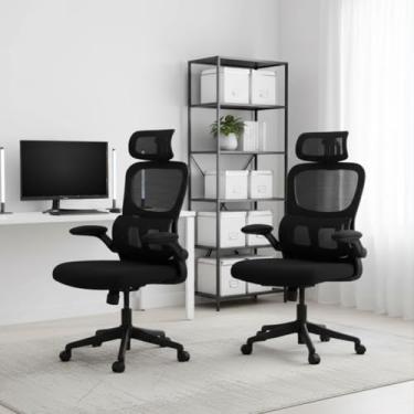 Imagem de Kit 2 Cadeiras de Escritório Kit 2 Cadeiras Escritório Diretor Giratória Tecido Mesh Reclinável Preto