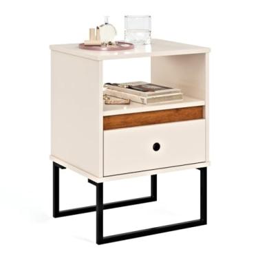 Imagem de Mesa de Cabeceira Box Industrial com 1 Gaveta Criado Mudo para Quarto com Pés em Aço(Off White)