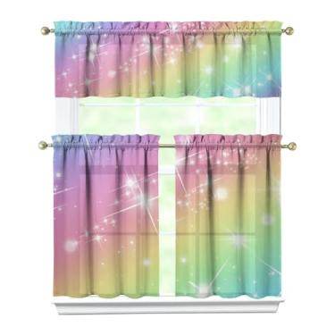 Imagem de Nojuikm Conjunto de 3 peças de cortinas e sanefas de cozinha arco-íris engraçadas para decoração de janela pequena cortinas sobre a pia para cozinha, quarto, lavanderia, decoração de casa 70 x 91 cm