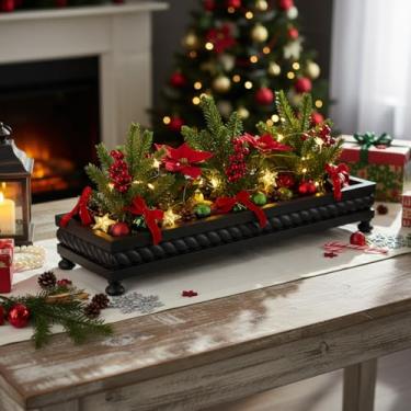 Imagem de AceOrbit Tigela de massa de madeira grande, decoração de mesa de centro de mesa de Natal feita à mão, mesa central de tigela de madeira rústica longa para mesas de jantar de Natal, sala de estar