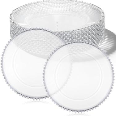 Imagem de Pacote com 12 pratos de carregamento transparentes, carregadores de placa de plástico redondos de 33 cm com borda de contas prateadas, pratos de servir de acrílico, serviço de carregador de jantar