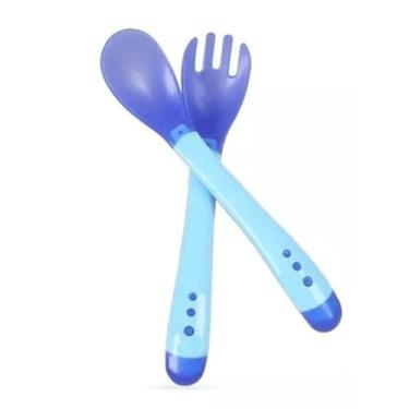 Imagem de Kit de Talher Termossensível para Bebê, Colher e Garfo em Silicone, Rosa e Azul, 13cm, Muda de Cor com Temperatura Acima de 40°C, para Introdução Alimentar (AZUL) (Azul)