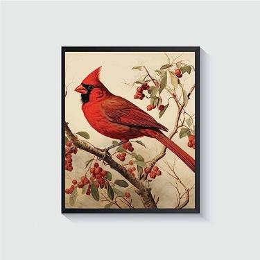 Imagem de Cartaz vintage Cardeal Bird Impressão artística retrô arte de parede decoração natureza, pintura aviária arte para quarto sala de estar 41 (Cardeal, 28 x 35,5 cm, sem moldura)
