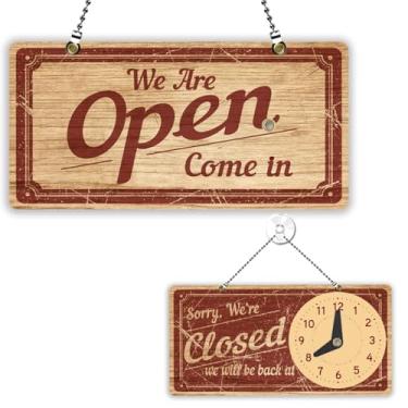 Imagem de PLIGREAT Letreiros abertos estilo madeira retrô dupla face aberto fechado placa de acrílico horas de boas-vindas para loja de varejo bar cafés janela decoração de parede placa de porta suspensa com