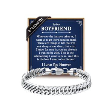 Imagem de IEFLIFE Pulseira de presente para homens - prata/preta de aço inoxidável cubano corrente corrente presente para filho neto, presente de aniversário para homem, namorado, pulseira masculina de 8 mm de