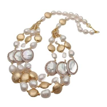 Imagem de DWBPGVUN Colar com 3 fios de arroz branco cultivado em água doce, pérola branca, pérola, contas banhadas a ouro escovado, gargantilha