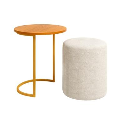 Imagem de Puff com Mesinha de Apoio, Design Moderno,Pufe Bege, Estrutura Eucalipto, Tecido Bouclé, Base Dourada, Tampo Freijó