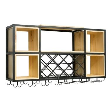 Imagem de Rack de vinho montado na parede, rack de vinho suspenso, prateleiras flutuantes de unidade de bar, suporte de garrafa de vinho pendurado industrial, prateleira de armazenamento de taças de champanhe