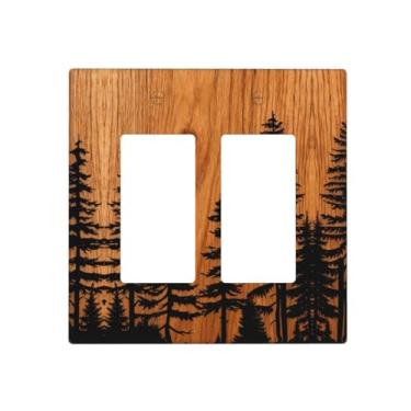 Imagem de Capa de interruptor de luz rústica fazenda marrom floresta pinheiro madeira impressão 2 gangues duplo balancim placa de parede decorativa placa de interruptor elétrico placa frontal para banheiro
