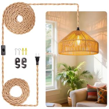 Imagem de Candeeiros pendurados em vime, luzes penduradas de 5 m, cabo de plugue, luminária pendente, plugue na tomada de parede, iluminação pendente com interruptor liga/desliga para sala de estar no quarto