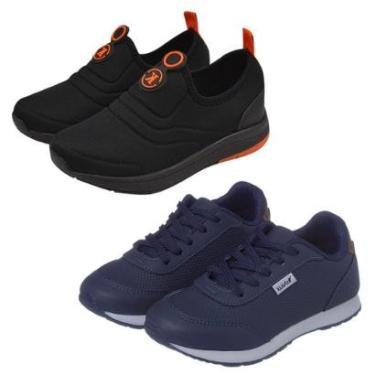 Imagem de Kit 2 Pares Tênis Infantil Menino Calce Fácil Preto com Laranja e Escolar Marinho Kidstep-Masculino
