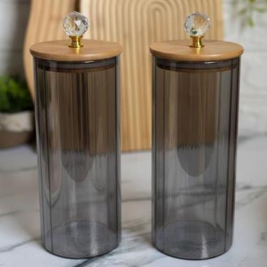 Imagem de Potes de Vidro Fumê Canelado Hermético G Tampa de Bambu Cristal Design