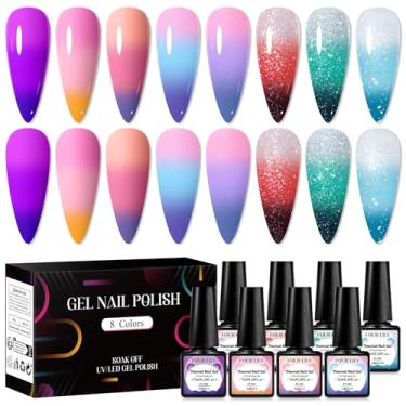 Imagem de Four Lily Conjunto de esmalte de gel que muda de cor, 8 cores, vermelho, rosa, glitter, azul, roxo, mudança de temperatura, conjunto de gel de esmalte de unhas de imersão em gel para arte de unhas