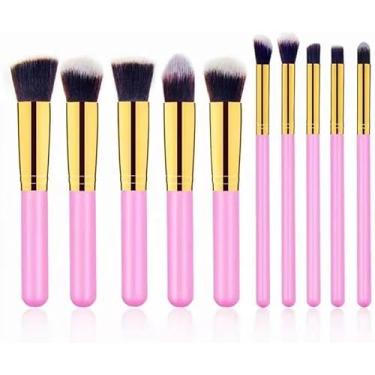 Imagem de Kit de Pincéis de Maquiagem Profissional com Cerdas Sintéticas, 10 Peças com Cabo Ergonômico Dourado, para Base, Pó e Sombras (Rosa)