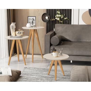 Imagem de Kit 3 Mesas Lateral Apoio e Centro 40cm Pés Palito Off white - Comprar Moveis em Casa