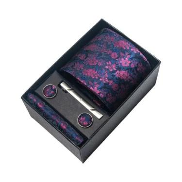 Imagem de Conjunto De Abotoaduras E Gravata Borboleta Marrom Paisley 8 Cm Com Le