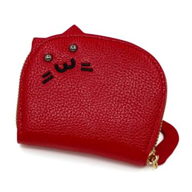 Imagem de Carteiras femininas porta-cartões fashion estojo de armazenamento bolsa de armazenamento gatinho zíper carteiras PU, Vermelho, Carteira feminina