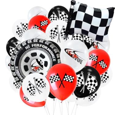 Imagem de 37 peças de balões de carro de corrida, balões vermelhos e brancos, balões com bandeira acinzentada, adequados para crianças, meninos e meninas, decorações de carros de corrida, suprimentos de festa