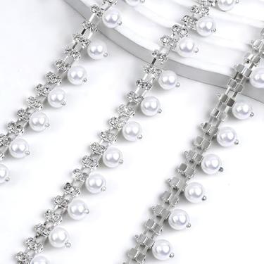 Imagem de Acabamento de franja de strass de 1 jarda de pérola, acabamento de corrente de pérolas de strass, corrente de diamante de cristal de prata com contas para costura, artesanato, casamento, vestido de