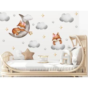 Imagem de Adesivo de Parede Raposas Aquarela Lua Nuvens Estrela Menina Laços Ros
