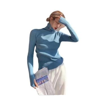 Imagem de Suéter Feminino De Tricô Gola Alta Slim Fit Quente De Inverno Cor Sóli