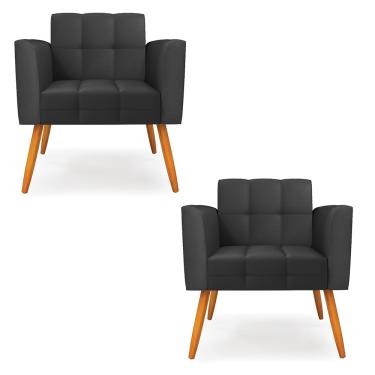 Imagem de Kit 2 Poltronas Elisa Corino Preto Pés Palito Castanho D03 - D'Rossi