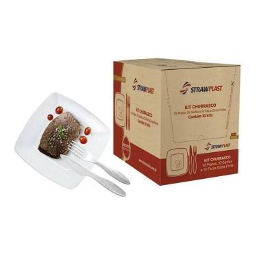 Imagem de 10 Kit Churrasco Com 10 Pratos Branco 10 Garfos E 10 Facas