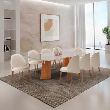 Imagem de Mesa Florida Tampo Laqueado Com Vidro E 8 Cadeiras Suiça Linho Off/laq Off/cinam. Imbuia