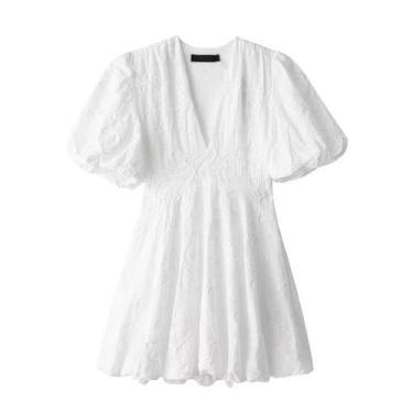 Imagem de Vestido Curto Branco Com Decote Em V E Mangas Bufantes Para O Verão, M