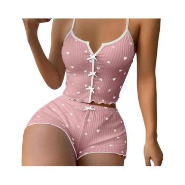 Imagem de Conjunto De Pijamas De Seda Com Estampa De Coração Para Mulheres, Top 