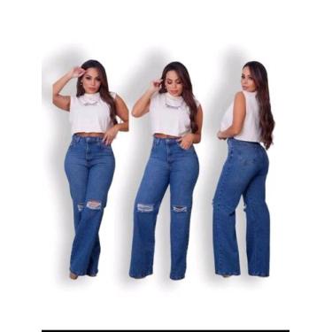 Imagem de Calça jeans feminina wide leg rasgado no joelho wissam jeans, Azul, 46