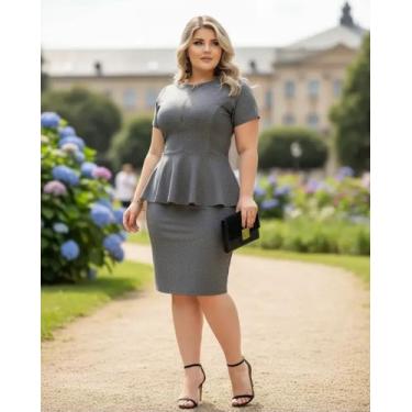 Imagem de Vestido Midi Peplum Zíper Moda Feminina Evangélica - Miss FLOWER, Cinz