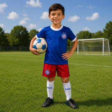 Imagem de Uniforme Bahia Infantil Juvenil Camisa Short e Meião Futebol, Tam 10