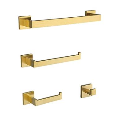 Imagem de Conjunto de ferragens de banheiro de ouro escovado conjunto de barra de toalha quadrada, suporte de papel higiênico toalheiro conjunto de acessórios de banheiro de ouro, conjunto de 4 peças