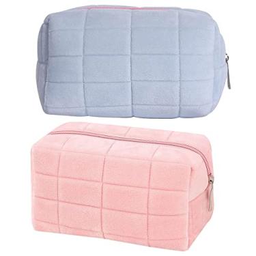 Imagem de Bolsa de maquiagem de pelúcia bolsa de cosméticos para mulheres, com zíper grande cor sólida bolsa de higiene pessoal de viagem bolsa de higiene pessoal de viagem bolsa de lavagem (2 peças-01)